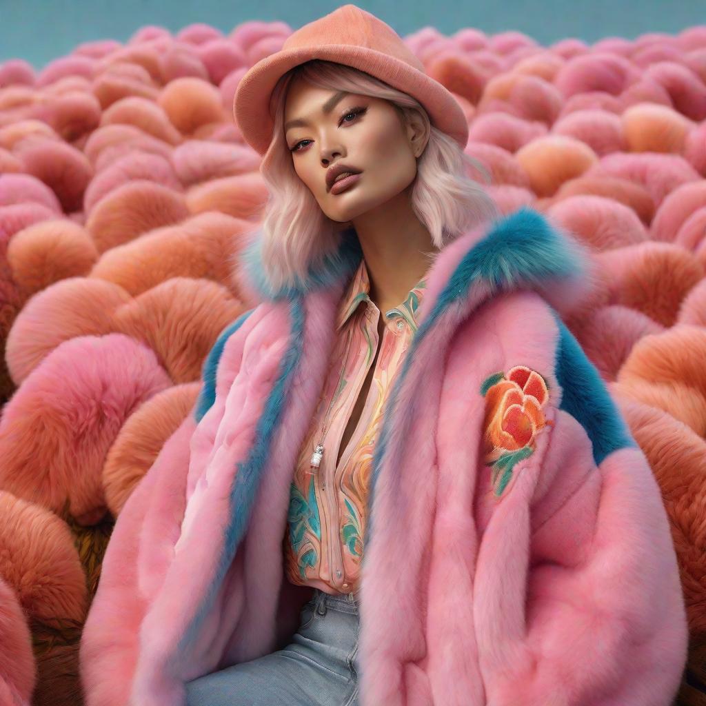  a close up of a person wearing a jacket, japanese model, wearing a colorful coogi sweater, soft blush, style of julia razumova, fluffy orange skin, vaughan ling, human skin pelt, young beautiful face, pink skin, pelt coats, a human like juicy peach. hyperrealistic, full body, detailed clothing, highly detailed, cinematic lighting, stunningly beautiful, intricate, sharp focus, f/1. 8, 85mm, (centered image composition), (professionally color graded), ((bright soft diffused light)), volumetric fog, trending on instagram, trending on tumblr, HDR 4K, 8K