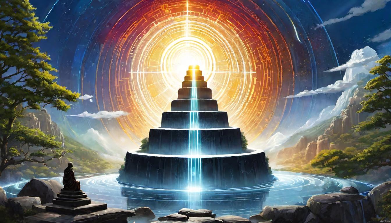  digital illustration, Interlocking circles of light over a sacred site, indicating energy work and commitment, synergy, spiritual diligence, protective., looking at viewer, dynamic pose, (intricate details, masterpiece, best quality)