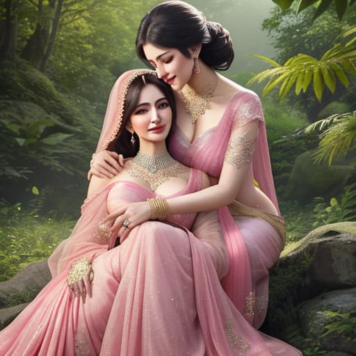  A mother with pink saree hugging her with a beautiful gown in a lush green scenery with full of happiness hyperrealistic, full body, detailed clothing, highly detailed, cinematic lighting, stunningly beautiful, intricate, sharp focus, f/1. 8, 85mm, (centered image composition), (professionally color graded), ((bright soft diffused light)), volumetric fog, trending on instagram, trending on tumblr, HDR 4K, 8K