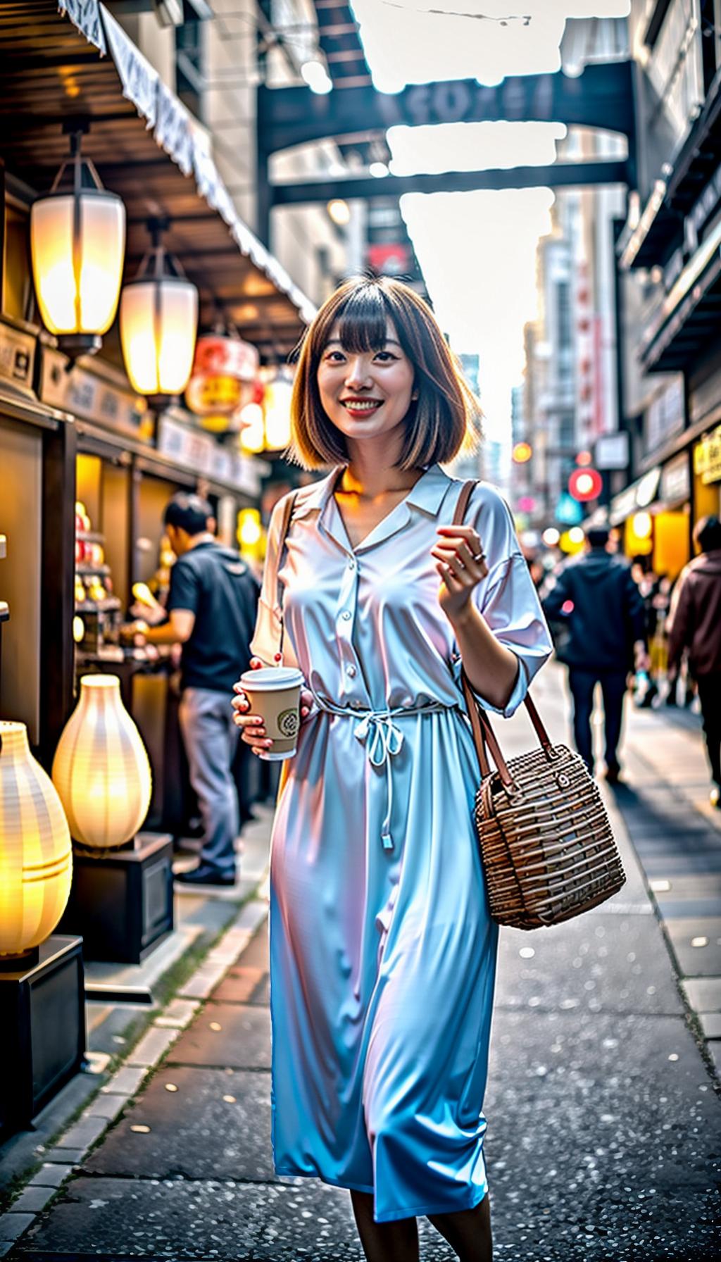  A realistic photo of a beautiful slim young Japanese woman, with medium length milk tea beige hair with bangs. She is smiling and making a peace sign in front of the lanterns at a summer festival, wearing a light blue yukata with a floral pattern. hyperrealistic, full body, detailed clothing, highly detailed, cinematic lighting, stunningly beautiful, intricate, sharp focus, f/1. 8, 85mm, (centered image composition), (professionally color graded), ((bright soft diffused light)), volumetric fog, trending on instagram, trending on tumblr, HDR 4K, 8K