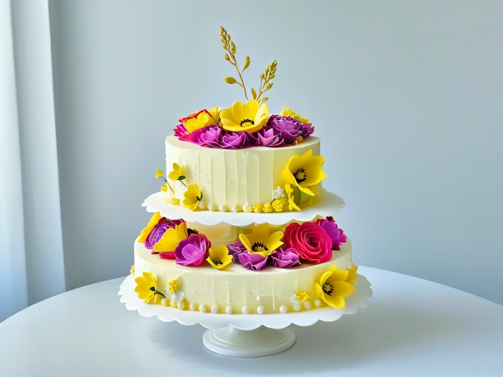  An intricately decorated threetiered cake, adorned with delicate sugar flowers in vibrant hues of pink, purple, and yellow. The cake sits on a pristine white pedestal, with soft, natural lighting highlighting every meticulous detail of the edible masterpiece. The background is blurred, emphasizing the cake's flawless craftsmanship and inviting the viewer to marvel at its beauty. hyperrealistic, full body, detailed clothing, highly detailed, cinematic lighting, stunningly beautiful, intricate, sharp focus, f/1. 8, 85mm, (centered image composition), (professionally color graded), ((bright soft diffused light)), volumetric fog, trending on instagram, trending on tumblr, HDR 4K, 8K