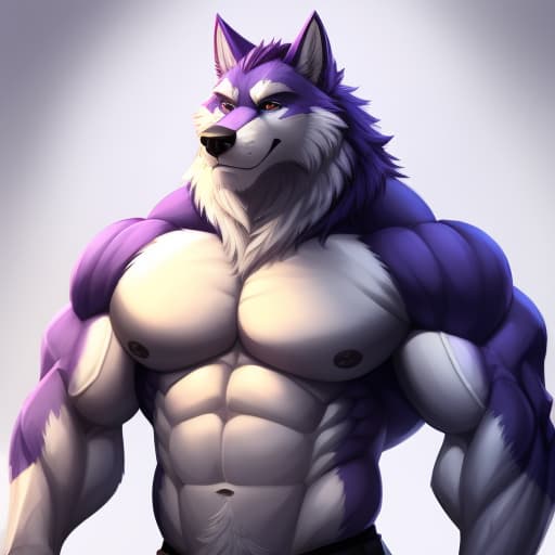  male, (Hyper muscular), wolf, anthropomorphic, )dark purple and white fur), (eyes without irises and pupils), (full body)(Gigantic biceps, triceps and pectorals), (cock), open eyes, digital art, masterpiece, 4k, fine details,