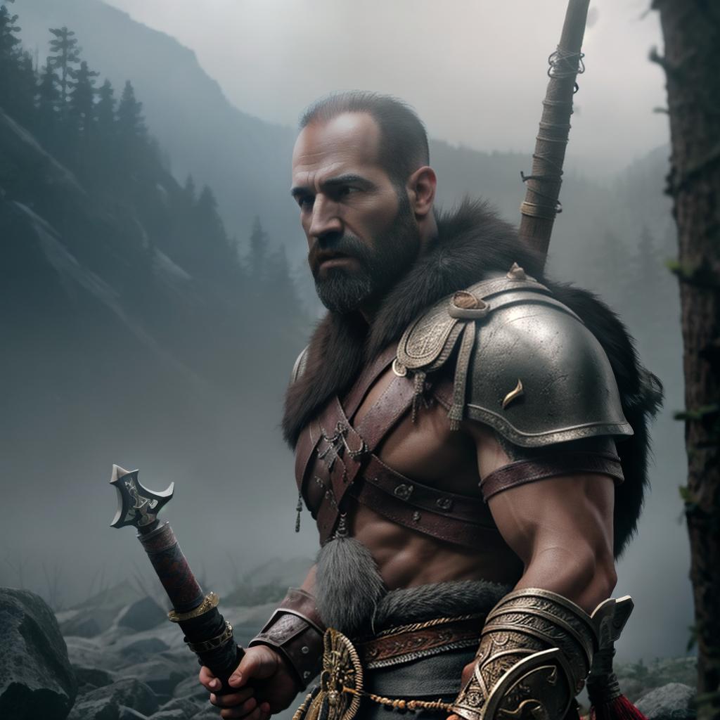  God of war hyperrealistic, full body, detailed clothing, highly detailed, cinematic lighting, stunningly beautiful, intricate, sharp focus, f/1. 8, 85mm, (centered image composition), (professionally color graded), ((bright soft diffused light)), volumetric fog, trending on instagram, trending on tumblr, HDR 4K, 8K