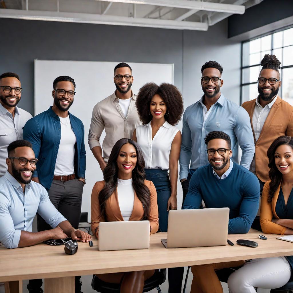  An engaging and vibrant image showcasing a diverse group of people looking to transition into tech careers, with beginner-friendly strategies and digital products being highlighted in the background. The image should convey a sense of inclusivity, education, and empowerment for those interested in entering the tech industry. hyperrealistic, full body, detailed clothing, highly detailed, cinematic lighting, stunningly beautiful, intricate, sharp focus, f/1. 8, 85mm, (centered image composition), (professionally color graded), ((bright soft diffused light)), volumetric fog, trending on instagram, trending on tumblr, HDR 4K, 8K