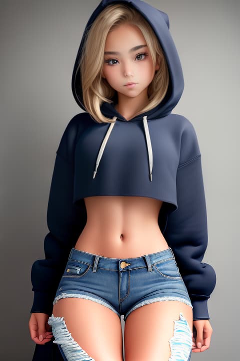  ((extremely beautiful:1.5)), ((12 year old in a cropped hoodie and ripped jeans:1.3)), ((flat chested:1.3)), 1girl,, detailed eyes, hyperrealistic, full body, highly detailed, cinematic lighting, intricate, sharp focus, f/1. 8, 85mm, (centered image composition), (professionally color graded), ((bright soft diffused light)), volumetric fog, trending on instagram, HDR 4K, 8K