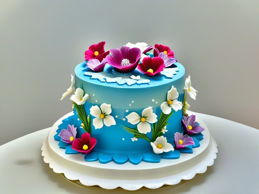  A photorealistic image of an intricately designed cake adorned with delicate sugar flowers in vibrant colors, showcasing impeccable craftsmanship and attention to detail. The cake is elegantly displayed on a pristine white cake stand, with soft natural lighting enhancing the textures and colors of the sugar decorations. The intricate sugar flowers are so lifelike that they appear almost real, adding a touch of sophistication and artistry to the overall design. hyperrealistic, full body, detailed clothing, highly detailed, cinematic lighting, stunningly beautiful, intricate, sharp focus, f/1. 8, 85mm, (centered image composition), (professionally color graded), ((bright soft diffused light)), volumetric fog, trending on instagram, trending on tumblr, HDR 4K, 8K