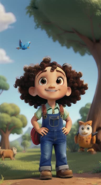  {Riley looking up at the tree with a big smile, animals surrounding them., Riley, a curious with big brown eyes and curly hair, wearing overalls and carrying a small backpack. Their friend, Skye, a bluebird with shiny feathers.