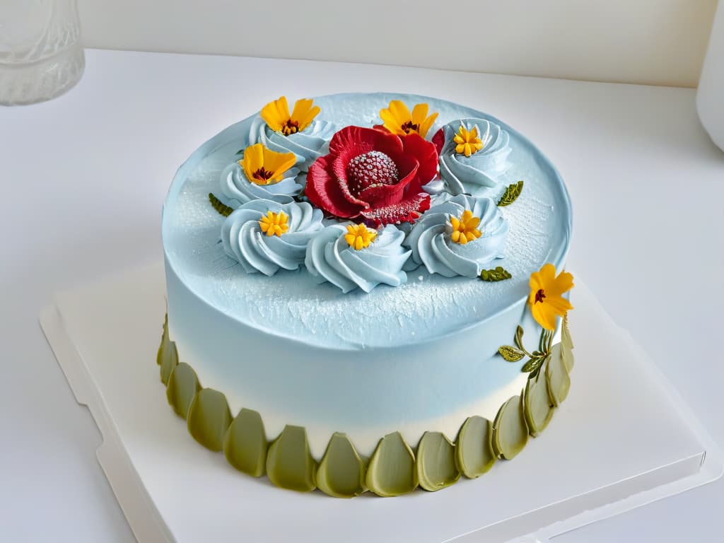  A highresolution, minimalist image of a perfectly frosted, intricately decorated multilayer cake, captured from a topdown perspective. The cake is elegantly displayed on a simple, pastelcolored ceramic plate, set against a clean, white background, showcasing the intricate details of the frosting work and decorative elements like edible flowers and delicate piping. The lighting is soft and even, highlighting the textures and colors of the cake while creating a visually appealing and aesthetically pleasing composition for the audience. hyperrealistic, full body, detailed clothing, highly detailed, cinematic lighting, stunningly beautiful, intricate, sharp focus, f/1. 8, 85mm, (centered image composition), (professionally color graded), ((bright soft diffused light)), volumetric fog, trending on instagram, trending on tumblr, HDR 4K, 8K