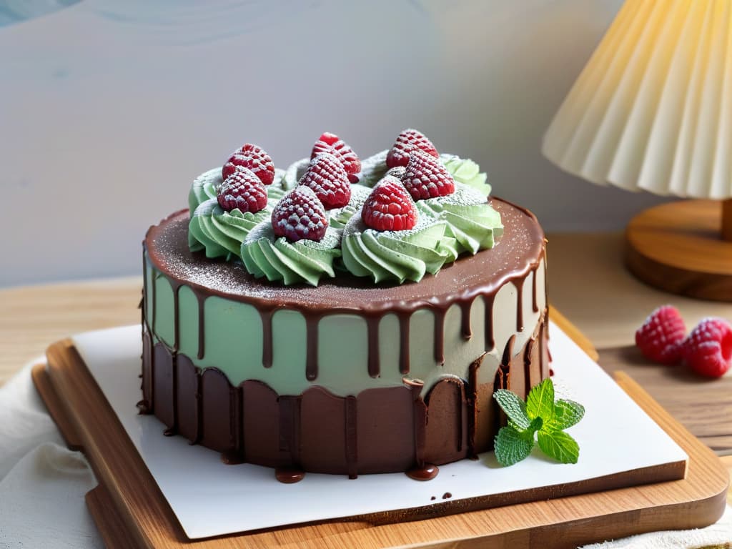  A closeup, ultradetailed image of a decadent vegan chocolate cake topped with swirls of creamy dairyfree frosting, garnished with fresh raspberries and mint leaves. The cake is set on a rustic wooden table, with soft natural light streaming in from a nearby window, highlighting the glossy texture of the frosting and the rich, moist crumb of the cake. The vibrant colors and intricate details of the dessert capture the essence of indulgent vegan baking, enticing the viewer with its exquisite presentation and inviting them to explore the world of dairy and eggfree treats. hyperrealistic, full body, detailed clothing, highly detailed, cinematic lighting, stunningly beautiful, intricate, sharp focus, f/1. 8, 85mm, (centered image composition), (professionally color graded), ((bright soft diffused light)), volumetric fog, trending on instagram, trending on tumblr, HDR 4K, 8K