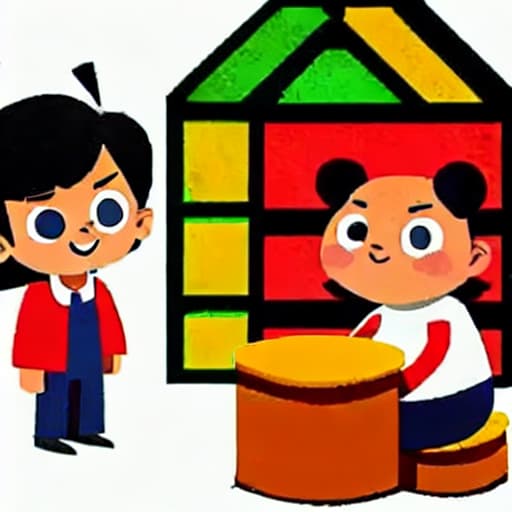  a boy with short hair and white shirt with blue jeans is standing, and a brown bear is sitting and eating honey, in the cabin