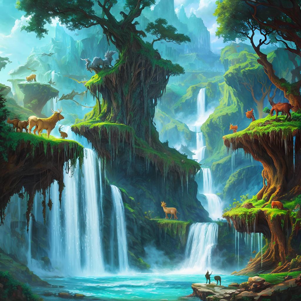  in a fantasy setting, Paint a surreal landscape where mythical beasts roam amidst cascading waterfalls.