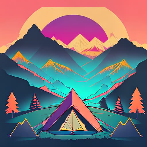 nvinkpunk Whimsical mountains with trees, camping tent and fire