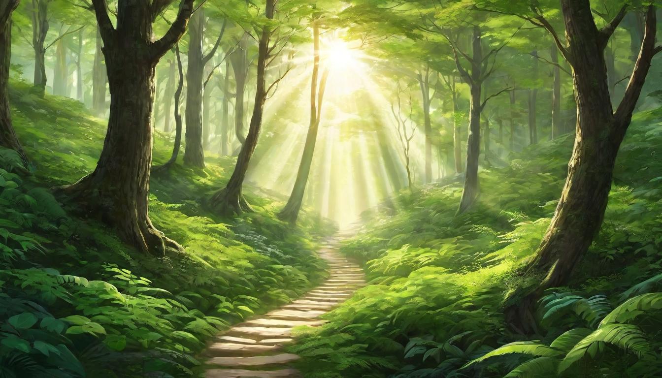  digital illustration A path winding through a tranquil forest, lit by scattered rays of sunlight, symbolizing the journey of integration and healing, peaceful, enlightening. looking at viewer, dynamic pose, (intricate details, masterpiece, best quality)