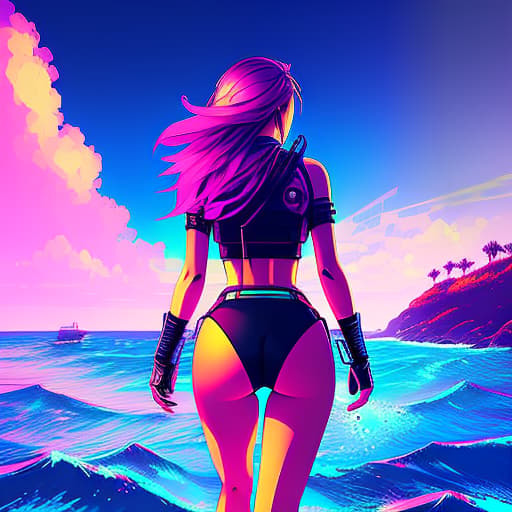 nvinkpunk nvinkpunk snthwve style nvinkpunk, woman waifu in in beach pose sea, high quality, highly detailed, intricate, sharp focus, (centered image composition), digital painting, concept art, smooth, illustration, 4K, 8K