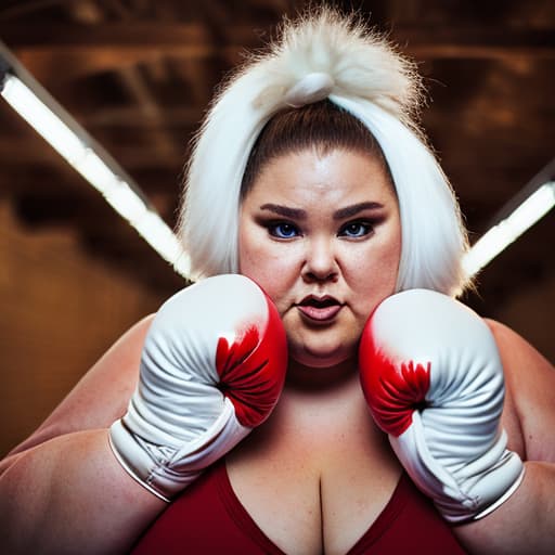 portrait+ style a fat woman, inside a ring, with boxing gloves, fighting against a scale