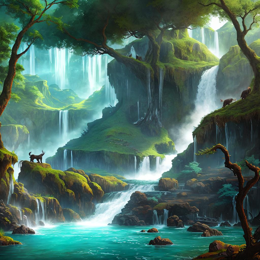  in a fantasy setting, Paint a surreal landscape where mythical beasts roam amidst cascading waterfalls.