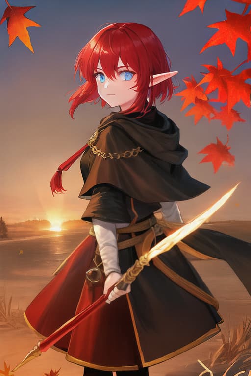  Elf, powerful face, red hair, short hair, wizard rope, glowing wand, receiving wind, sunset in the autumn leaves, sunset.
