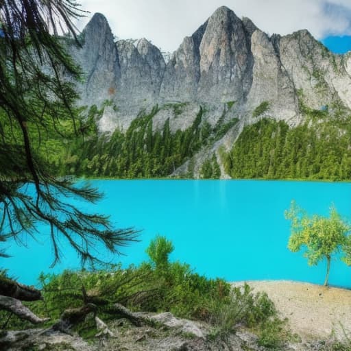  lago profundo,con agua azul turquesa. esta rodeado por un bosque frondoso de árboles altos y robustos. parece un poco encantado.