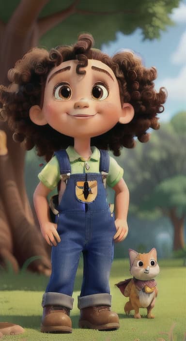  {Riley looking up at the tree with a big smile, animals surrounding them., Riley, a curious with big brown eyes and curly hair, wearing overalls and carrying a small backpack. Their friend, Skye, a bluebird with shiny feathers.