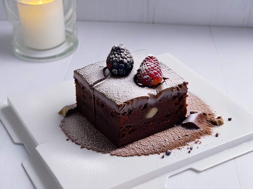  A closeup, ultrahigh resolution image of a decadent, fudgy brownie placed on a sleek, modern white plate. The brownie is topped with a dusting of cocoa powder and a few scattered fresh raspberries for a pop of color. The glossy surface of the brownie reflects the soft lighting, emphasizing its moist texture and rich chocolate color. The background is a subtle gradient from light gray to white, enhancing the minimalistic and sophisticated feel of the image. hyperrealistic, full body, detailed clothing, highly detailed, cinematic lighting, stunningly beautiful, intricate, sharp focus, f/1. 8, 85mm, (centered image composition), (professionally color graded), ((bright soft diffused light)), volumetric fog, trending on instagram, trending on tumblr, HDR 4K, 8K