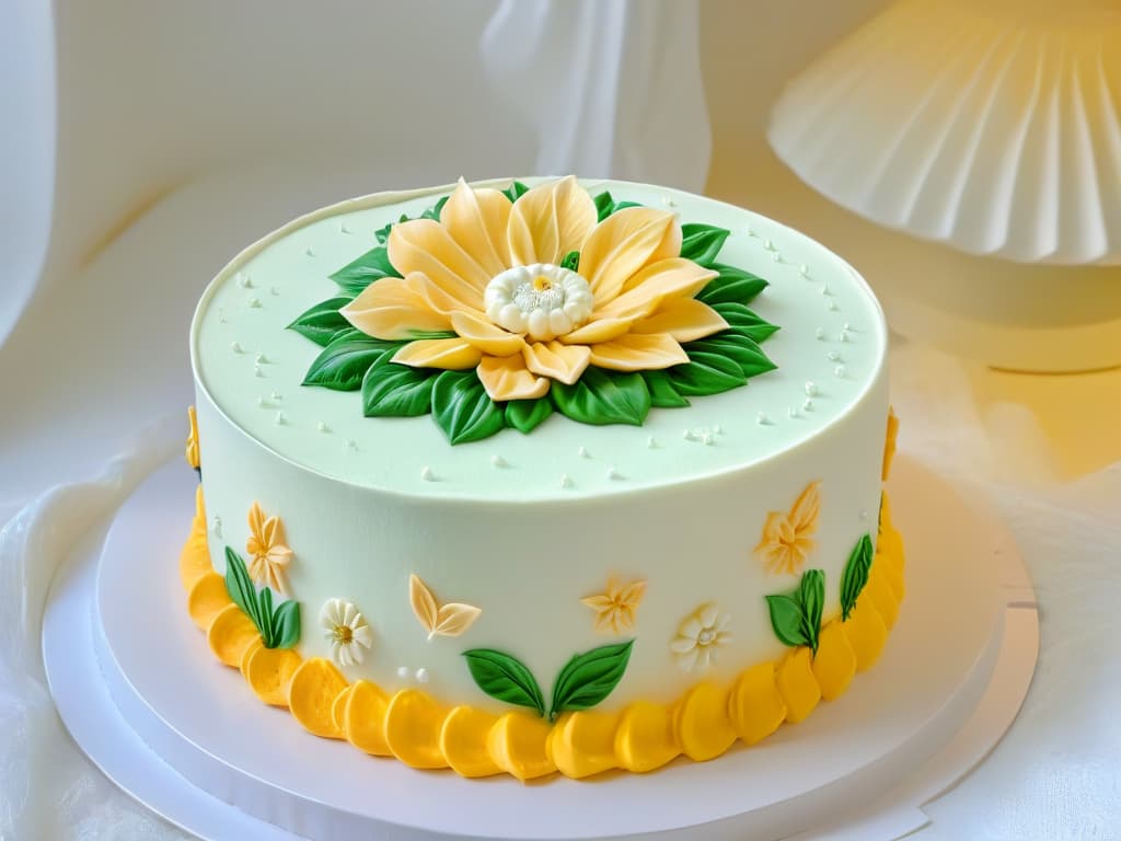  An ultradetailed closeup image of a perfectly smooth and glossy buttercream cake, with intricate piped floral decorations in pastel colors, showcasing the precision and artistry of cake decorating. hyperrealistic, full body, detailed clothing, highly detailed, cinematic lighting, stunningly beautiful, intricate, sharp focus, f/1. 8, 85mm, (centered image composition), (professionally color graded), ((bright soft diffused light)), volumetric fog, trending on instagram, trending on tumblr, HDR 4K, 8K