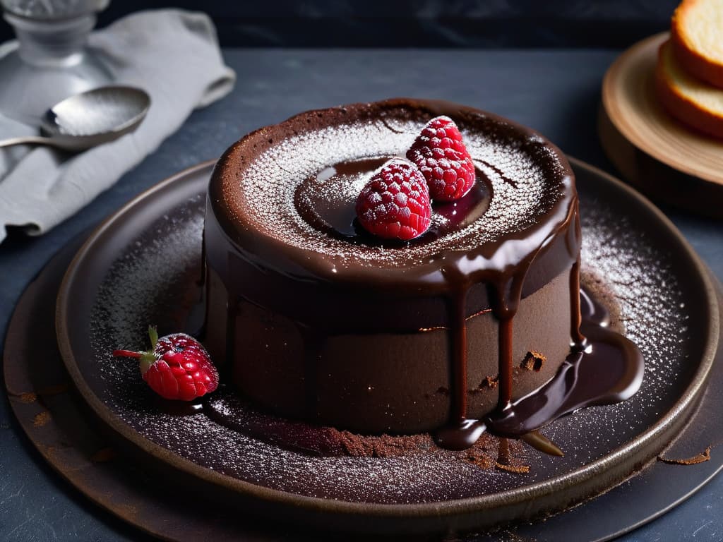  A closeup, ultradetailed image of a decadent vegan chocolate lava cake with a glossy, molten center oozing out onto a sleek, modern plate. The cake is dusted with a light sprinkle of cocoa powder, and a single vibrant raspberry sits elegantly on top, adding a pop of color to the rich, dark dessert. The focus is on the intricate textures of the cake, capturing every crumb and the glossy sheen of the molten chocolate, creating a visually striking and appetizing image. hyperrealistic, full body, detailed clothing, highly detailed, cinematic lighting, stunningly beautiful, intricate, sharp focus, f/1. 8, 85mm, (centered image composition), (professionally color graded), ((bright soft diffused light)), volumetric fog, trending on instagram, trending on tumblr, HDR 4K, 8K