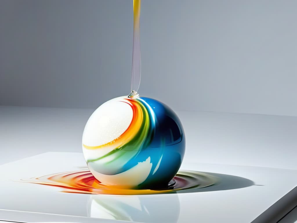  An image of a delicate sugar sphere suspended in midair, encapsulating a vibrant and swirling mix of liquid colors in a molecular gastronomy setting. The sphere is reflecting the light, creating a mesmerizing play of colors and shadows on the pristine white background. The intricate details of the sugar structure and the dynamic movement of the colorful liquid inside convey a sense of innovation and precision, perfectly capturing the essence of molecular pastry artistry. hyperrealistic, full body, detailed clothing, highly detailed, cinematic lighting, stunningly beautiful, intricate, sharp focus, f/1. 8, 85mm, (centered image composition), (professionally color graded), ((bright soft diffused light)), volumetric fog, trending on instagram, trending on tumblr, HDR 4K, 8K