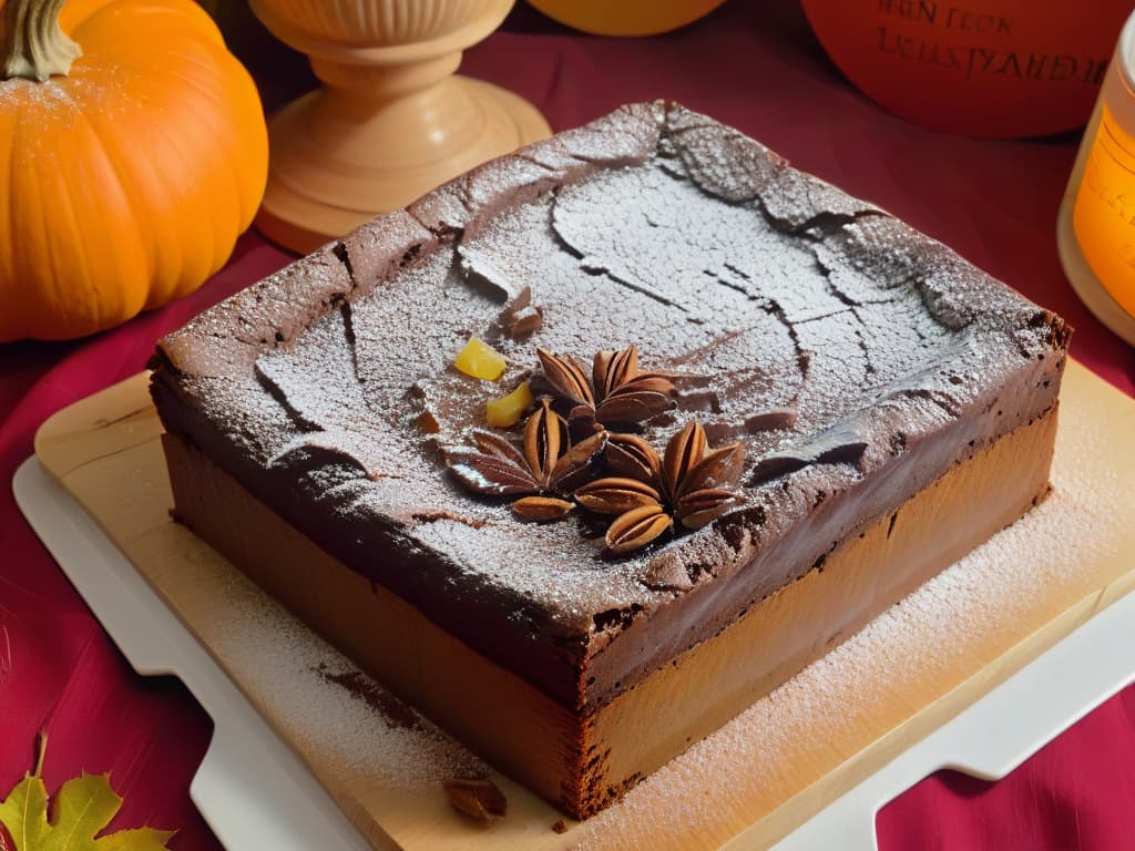  A closeup, photorealistic image of a freshly baked pumpkin brownie, still warm from the oven, with a goldenbrown crust sprinkled with powdered sugar. The brownie is placed on a rustic wooden table, surrounded by vibrant autumn leaves in rich red, orange, and yellow hues, creating a cozy and inviting fall atmosphere. The pumpkin brownie is topped with a dollop of whipped cream and a sprinkle of cinnamon, with steam rising delicately from its moist, fudgy center, enticing viewers with its irresistible aroma and rich seasonal flavors. hyperrealistic, full body, detailed clothing, highly detailed, cinematic lighting, stunningly beautiful, intricate, sharp focus, f/1. 8, 85mm, (centered image composition), (professionally color graded), ((bright soft diffused light)), volumetric fog, trending on instagram, trending on tumblr, HDR 4K, 8K