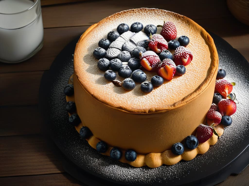  A closeup, ultradetailed image of a perfectly golden glutenfree almond flour cake resting on a sleek, matte black plate. The cake is adorned with a delicate dusting of powdered sugar and artfully arranged fresh berries on top, showcasing the natural, sustainable beauty of glutenfree baking. The soft natural light illuminates the cake, highlighting its texture and inviting presentation. hyperrealistic, full body, detailed clothing, highly detailed, cinematic lighting, stunningly beautiful, intricate, sharp focus, f/1. 8, 85mm, (centered image composition), (professionally color graded), ((bright soft diffused light)), volumetric fog, trending on instagram, trending on tumblr, HDR 4K, 8K