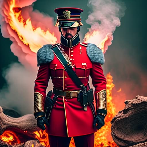  The leader of the fire forces surrounded by fire and wearing a red uniform hyperrealistic, full body, detailed clothing, highly detailed, cinematic lighting, stunningly beautiful, intricate, sharp focus, f/1. 8, 85mm, (centered image composition), (professionally color graded), ((bright soft diffused light)), volumetric fog, trending on instagram, trending on tumblr, HDR 4K, 8K