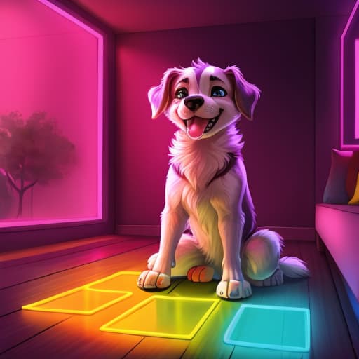  a neon lit room with a dog coming in his own mouth with sex toys on the floor, open eyes, digital art, masterpiece, 4k, fine details,