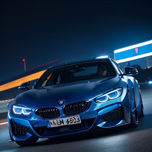  a bmw car, night city, epic photo, highly detailed, masterpiece, blue neon lights, cinematic angle, best quality, solo, bokeh, pixiv, depth of field