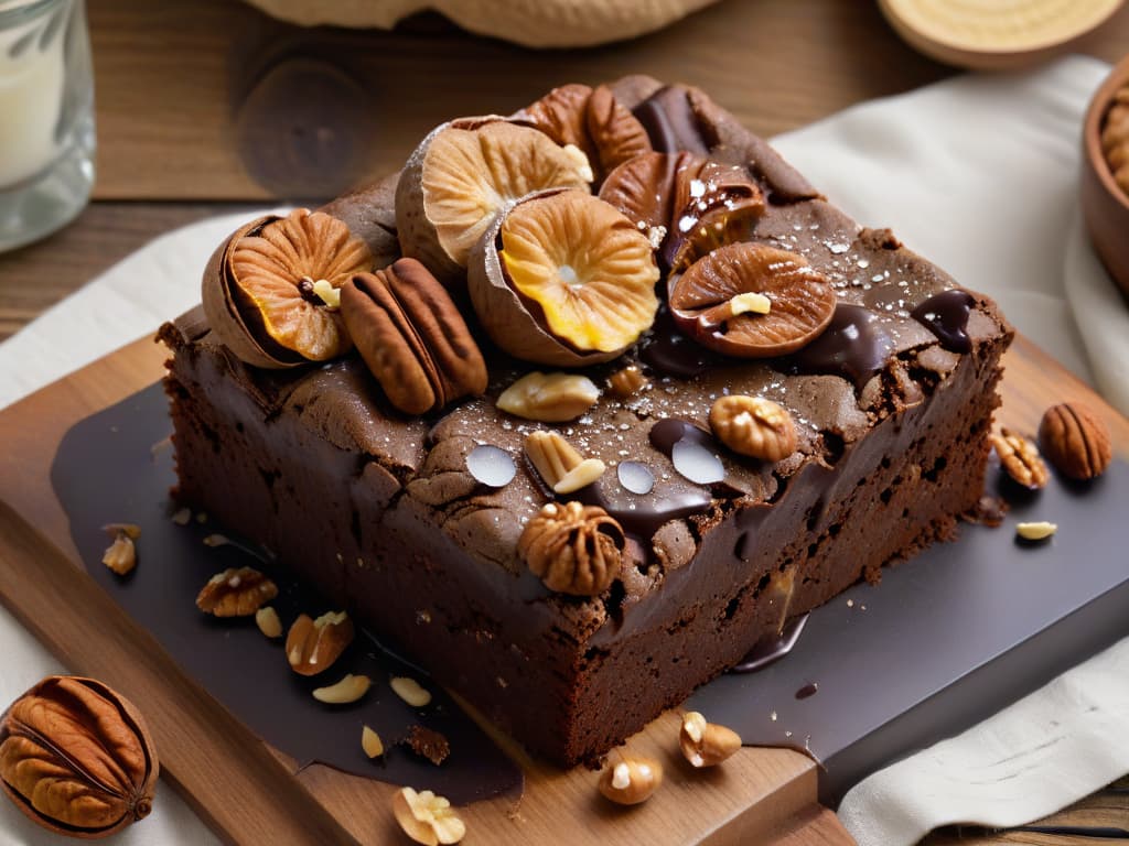  A closeup, photorealistic image of a decadent chocolate brownie topped with a generous amount of chopped walnuts and drizzled with honey, all placed on a rustic wooden table. The brownie is perfectly moist and rich, with visible chunks of dark chocolate and crunchy walnut pieces on the surface, creating a mouthwatering texture. The lighting is soft, highlighting the glossy texture of the honey and the intricate details of the walnuts, making the viewer almost able to smell the sweet aroma of freshly baked goods. hyperrealistic, full body, detailed clothing, highly detailed, cinematic lighting, stunningly beautiful, intricate, sharp focus, f/1. 8, 85mm, (centered image composition), (professionally color graded), ((bright soft diffused light)), volumetric fog, trending on instagram, trending on tumblr, HDR 4K, 8K