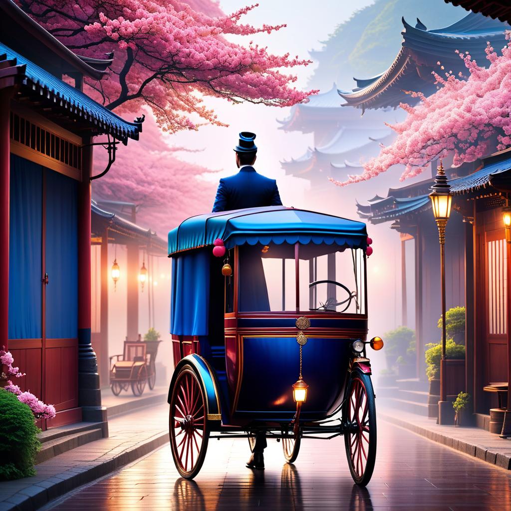  ethereal fantasy concept art of RIKSHA (Japanese jinrikisya) a light two wheeled carriage in which a person is pulled (also called a rickshaw). (Background): blossoming pink sakura, an empty rickshaw stands on the pavement. (Rickshaw design) A tent upholstered in dark blue silk. There is a sofa upholstered in red velvet and a painted wooden footstool. . magnificent, celestial, ethereal, painterly, epic, majestic, magical, fantasy art, cover art, dreamy hyperrealistic, full body, detailed clothing, highly detailed, cinematic lighting, stunningly beautiful, intricate, sharp focus, f/1. 8, 85mm, (centered image composition), (professionally color graded), ((bright soft diffused light)), volumetric fog, trending on instagram, trending on tumblr, HDR 4K, 8K