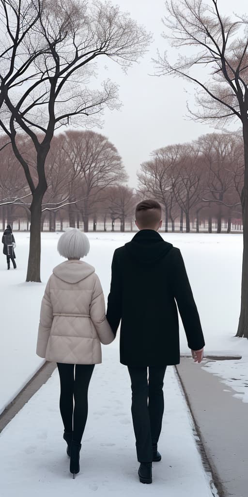  -girl-boy haircut, back, walking through the park, winter