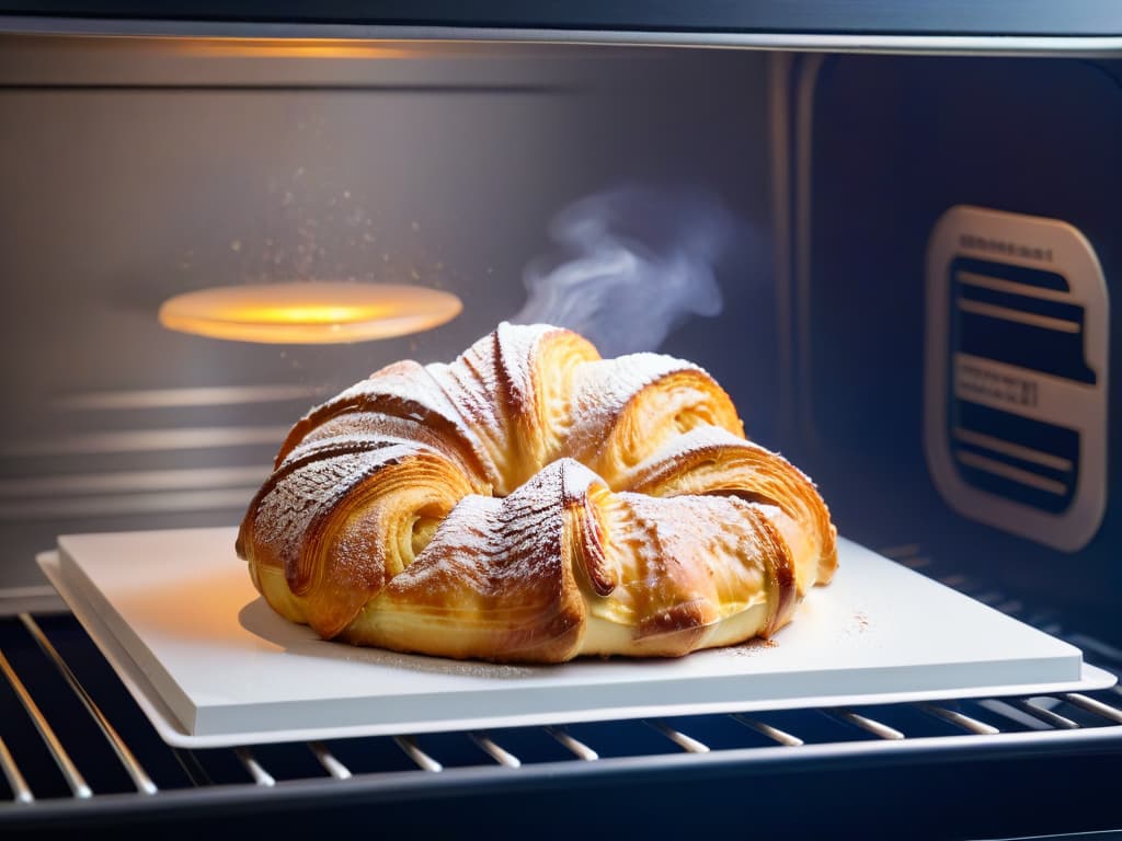  A closeup, ultradetailed image of a perfectly golden croissant being taken out of a stateoftheart futuristic oven, showcasing its flaky layers glistening in the light, with a subtle steam rising from it, set against a sleek, pristine white background. hyperrealistic, full body, detailed clothing, highly detailed, cinematic lighting, stunningly beautiful, intricate, sharp focus, f/1. 8, 85mm, (centered image composition), (professionally color graded), ((bright soft diffused light)), volumetric fog, trending on instagram, trending on tumblr, HDR 4K, 8K