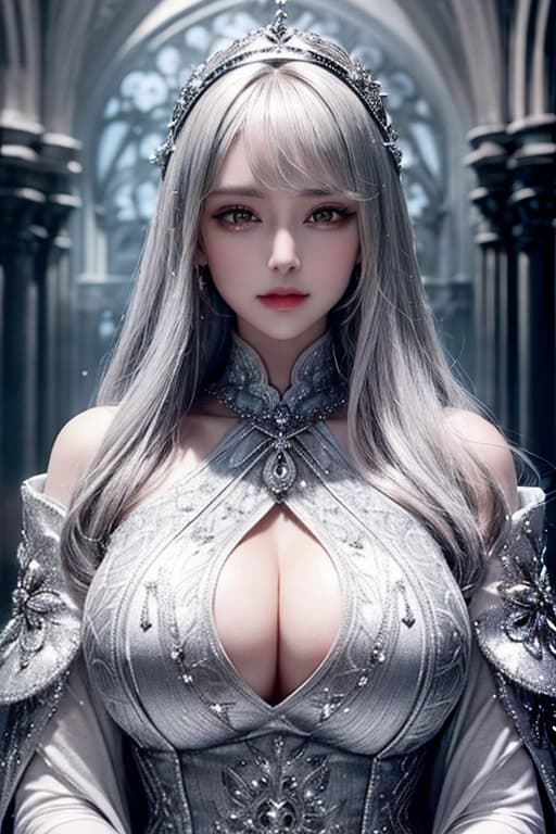  ultra detailed 8k cg, intricate detail, delicate patern, jewelry, gem, silver, silver theme, shiny, glint, sparkle, silver hair, silver cloak, silver eyes, rich, prestige, gothic architecture,