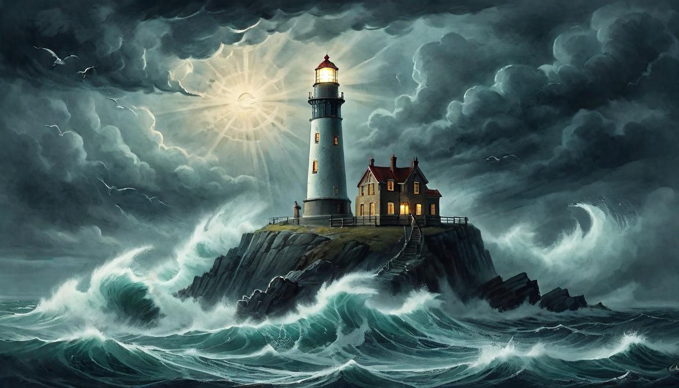  on parchment, surrealism+++, A lighthouse standing tall amidst stormy seas, its beam cutting through the darkness, beacon of hope, resilient, sturdy(mysterious, provocative, symbolic,muted color)+++