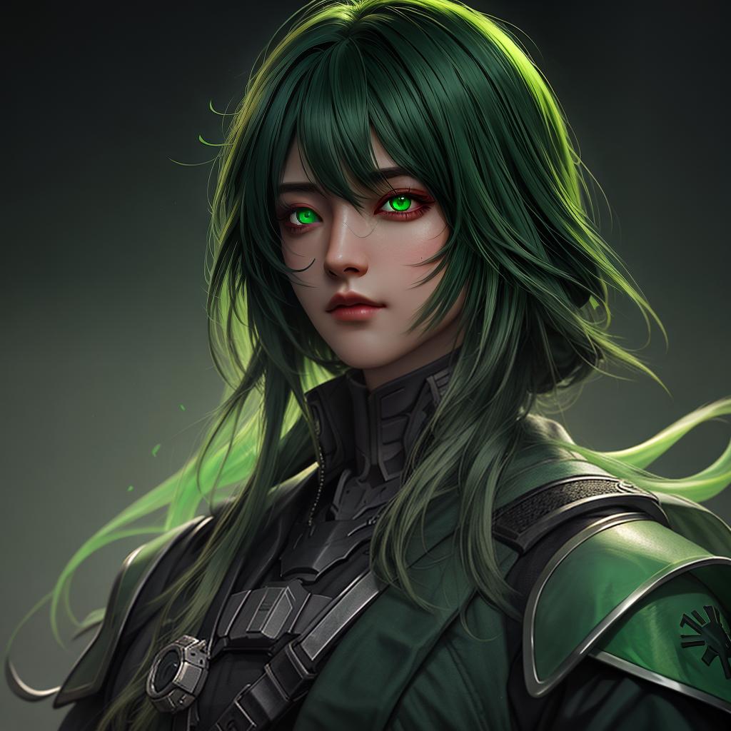  a highly detailed portrait of a man with dark green hair and green glowing eyes, high detail clothing, concept art, anime, artstation, professional