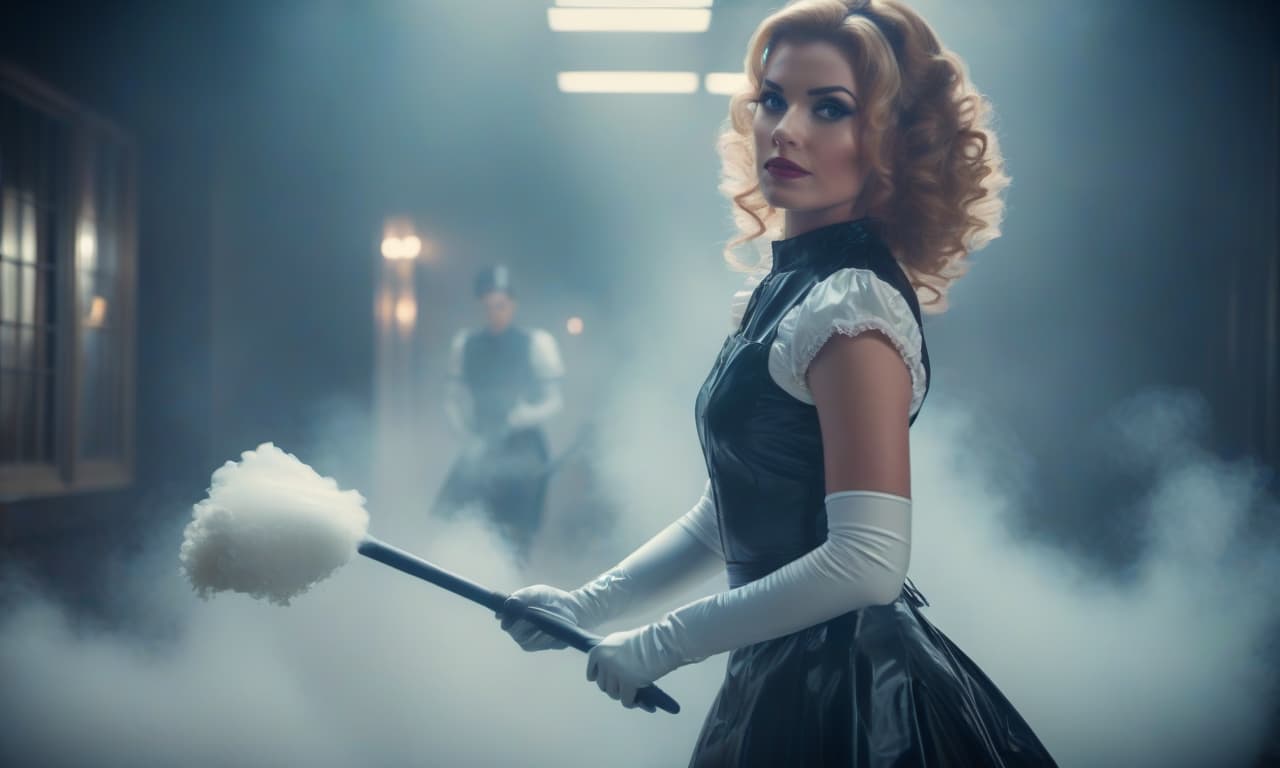  latex housemaid in gloves hyperrealistic, full body, detailed clothing, highly detailed, cinematic lighting, stunningly beautiful, intricate, sharp focus, f/1. 8, 85mm, (centered image composition), (professionally color graded), ((bright soft diffused light)), volumetric fog, trending on instagram, trending on tumblr, HDR 4K, 8K