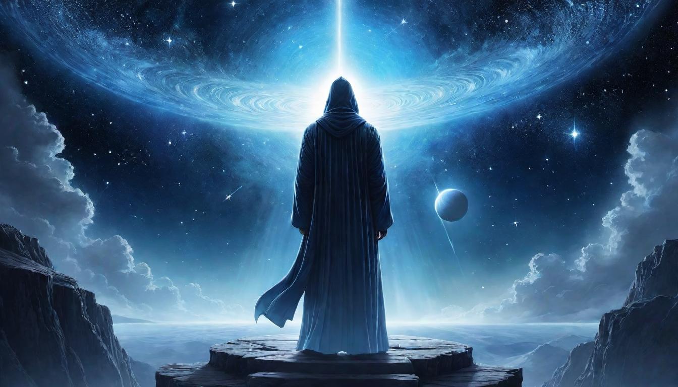  （surrealism)A lone figure standing tall upon a celestial podium, body glowing with an ethereal light, surrounded by a swirling cosmic mist, robe embroidered with stars and galaxies, sovereign, majestic, radiant mystic, intricate details, best quality)