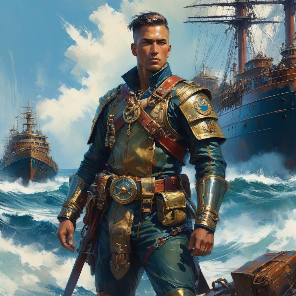  nautical themed (Digital painting:1.6), (by Wadim Kashin:1.3), boer male warrior, in dieselpunk style, camouflage, belts, pouches, short haircut, oil painting, splatter ink, double exposure, intricate details, ultra high detailed, extremely best quality, masterpiece, 8k. . sea, ocean, ships, maritime, beach, marine life, highly detailed hyperrealistic, full body, detailed clothing, highly detailed, cinematic lighting, stunningly beautiful, intricate, sharp focus, f/1. 8, 85mm, (centered image composition), (professionally color graded), ((bright soft diffused light)), volumetric fog, trending on instagram, trending on tumblr, HDR 4K, 8K