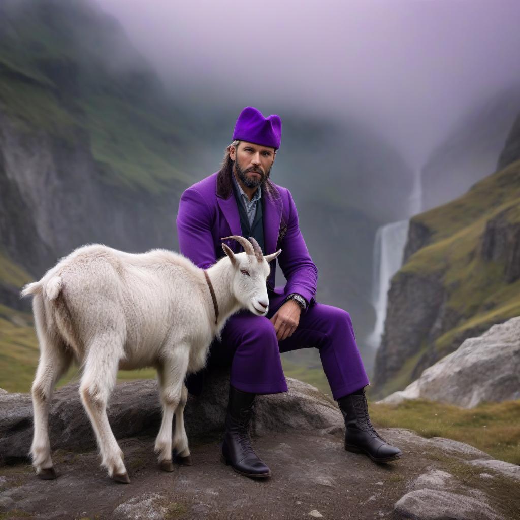  The goat in the purple hat hyperrealistic, full body, detailed clothing, highly detailed, cinematic lighting, stunningly beautiful, intricate, sharp focus, f/1. 8, 85mm, (centered image composition), (professionally color graded), ((bright soft diffused light)), volumetric fog, trending on instagram, trending on tumblr, HDR 4K, 8K