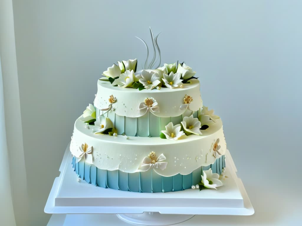  A closeup, ultradetailed image of a meticulously decorated threetiered cake, showcasing intricate piping work in pastel colors, elegant fondant ribbons, and delicate sugar flowers. The cake sits on a pristine white cake stand, with soft natural light illuminating the flawless craftsmanship, highlighting every tiny detail and texture of the exquisite confection. hyperrealistic, full body, detailed clothing, highly detailed, cinematic lighting, stunningly beautiful, intricate, sharp focus, f/1. 8, 85mm, (centered image composition), (professionally color graded), ((bright soft diffused light)), volumetric fog, trending on instagram, trending on tumblr, HDR 4K, 8K