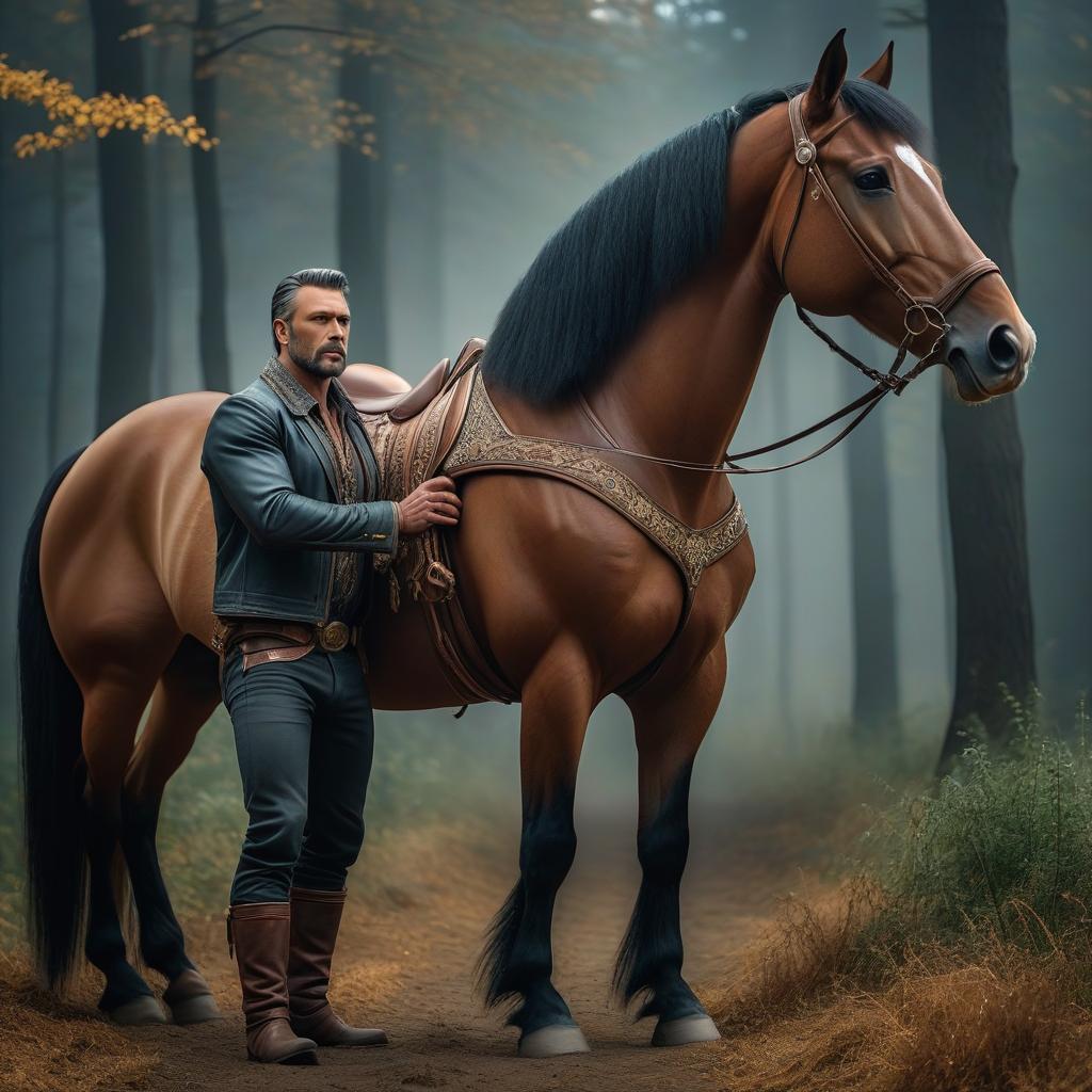  the man with big horse in his arms hyperrealistic, full body, detailed clothing, highly detailed, cinematic lighting, stunningly beautiful, intricate, sharp focus, f/1. 8, 85mm, (centered image composition), (professionally color graded), ((bright soft diffused light)), volumetric fog, trending on instagram, trending on tumblr, HDR 4K, 8K