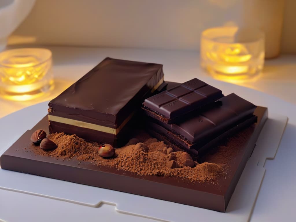  An ultradetailed 8k image of a luxurious, minimalistic kitchen countertop adorned with a selection of exquisite Belgian chocolate bars, delicate cocoa beans, and elegant goldedged dessert plates. The warm ambient lighting highlights the rich textures and deep hues of the chocolate, creating an inviting and sophisticated atmosphere perfect for indulging in the secrets of Belgian chocolate in the realm of luxury pastry making. hyperrealistic, full body, detailed clothing, highly detailed, cinematic lighting, stunningly beautiful, intricate, sharp focus, f/1. 8, 85mm, (centered image composition), (professionally color graded), ((bright soft diffused light)), volumetric fog, trending on instagram, trending on tumblr, HDR 4K, 8K