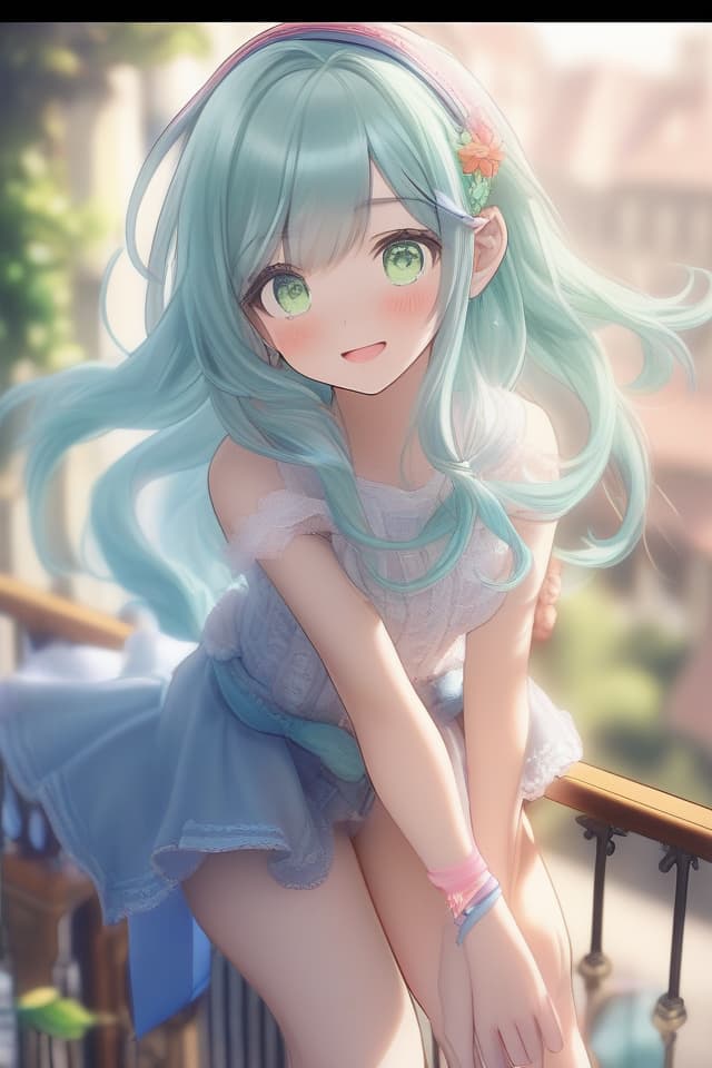  (Best masterpiece: 1.5),(Highest image quality),(Super detail),(Super precision),(Super beautiful CG),(8K),1girl,elf,solo,looking at viewer,blush,bangs,green eyes,hair between eyes,Smile,light blue hair,hair parted in the center ,（close up）,headband,ONE PIECE,sandals,hair blowing in the wind,balcony ,midday sunshine,