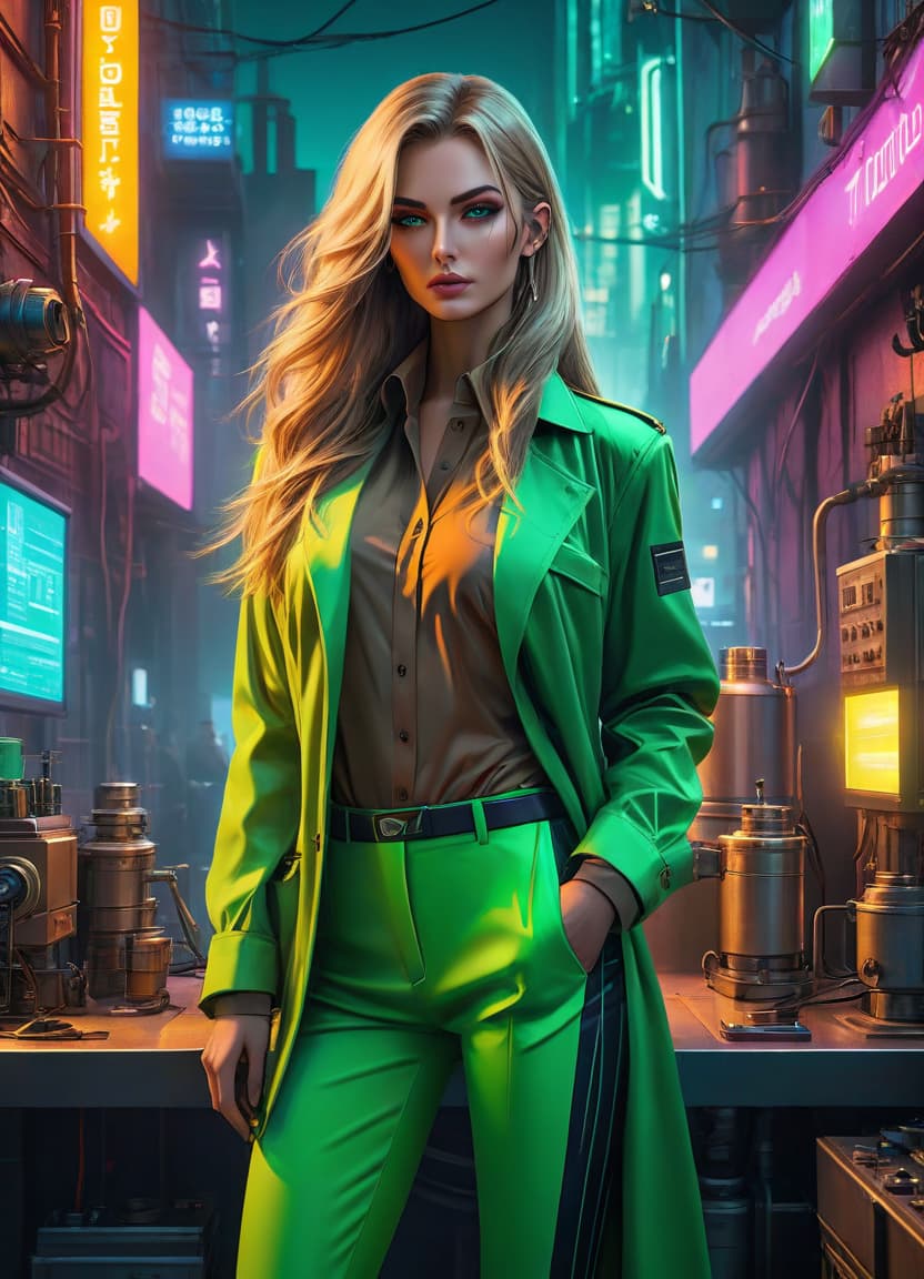  cyberpunk cityscape a young , with long ash hair, green eyes, loose colored trousers and jacket, coffee colored silk shirt, work in chemical laboratory . neon lights, dark alleys, skyscrs, futuristic, vint colors, high contrast, highly detailed hyperrealistic, full body, detailed clothing, highly detailed, cinematic lighting, stunningly beautiful, intricate, sharp focus, f/1. 8, 85mm, (centered image composition), (professionally color graded), ((bright soft diffused light)), volumetric fog, trending on instagram, trending on tumblr, HDR 4K, 8K