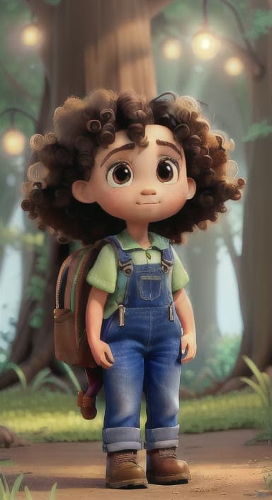  {The tree shining brightly and releasing a gentle, magical light., Riley, a curious with big brown eyes and curly hair, wearing overalls and carrying a small backpack. Their friend, Skye, a bluebird with shiny feathers.