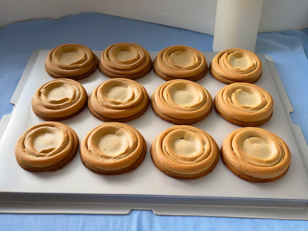  A minimalist, ultradetailed image depicting a pristine, perfectly baked batch of cookies on a baking sheet lined with a Silpat silicone mat on one side and parchment paper on the other. The cookies are golden brown with perfectly crisp edges, placed next to each other to showcase the difference in texture and appearance based on the lining used. The lighting is soft, emphasizing the contrast between the two baking surfaces without any distracting elements in the background. hyperrealistic, full body, detailed clothing, highly detailed, cinematic lighting, stunningly beautiful, intricate, sharp focus, f/1. 8, 85mm, (centered image composition), (professionally color graded), ((bright soft diffused light)), volumetric fog, trending on instagram, trending on tumblr, HDR 4K, 8K